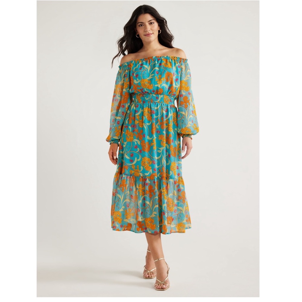 Sofia Vergara Women's Off the Shoulder Long Blouson Sleeve Midi Dress NWT
